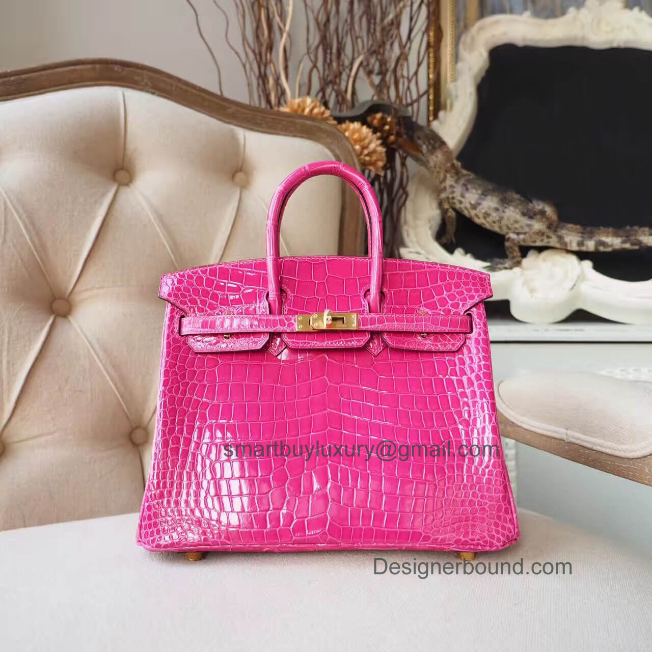 Hermes Birkin 25 Bag in 5j Fuschia Pink Shiny Porosus Croc GHW Hermes Replica